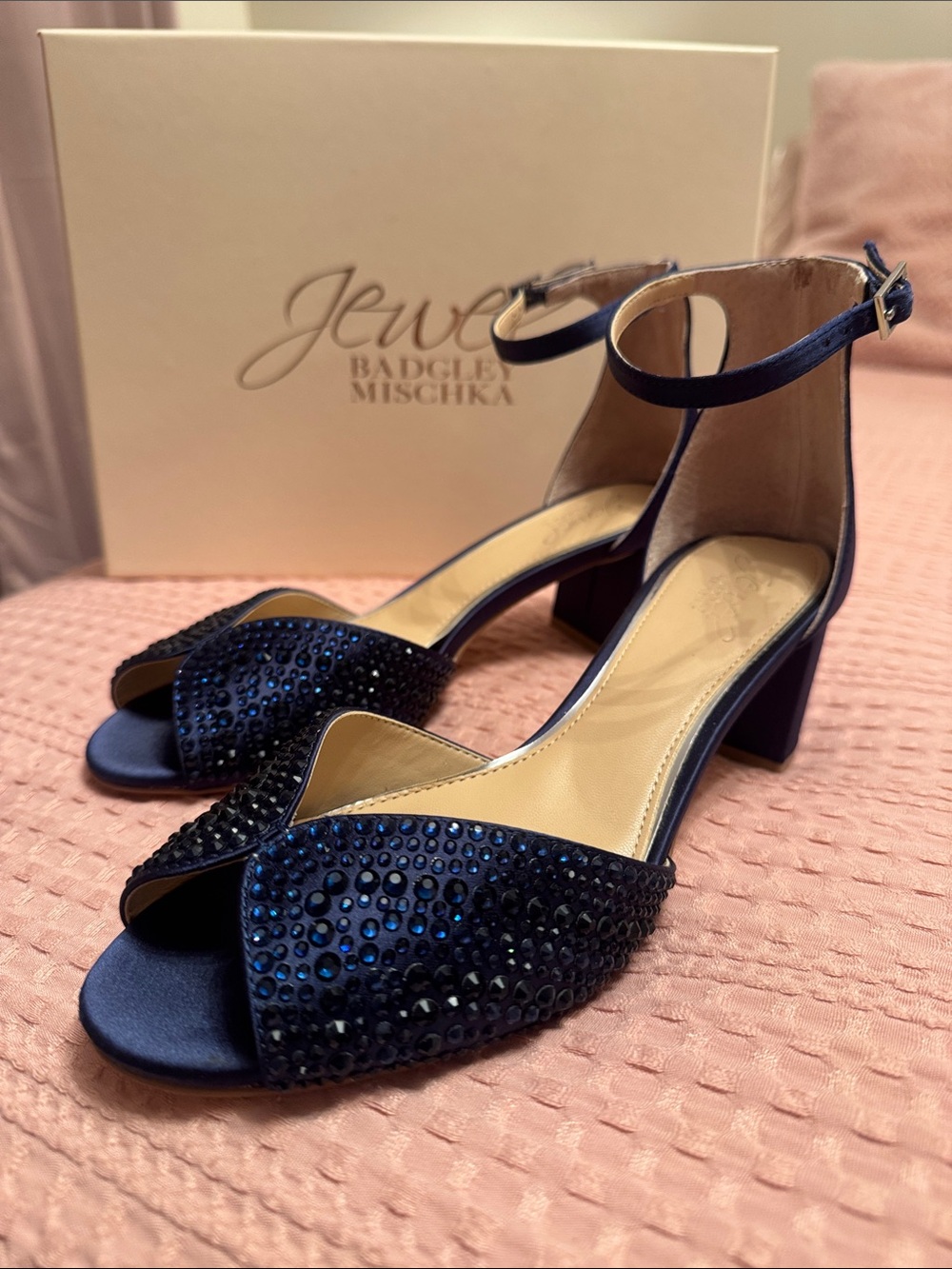 Badgley Mischka Navy Blue Crystal Open-Toe Block Heel Sandals